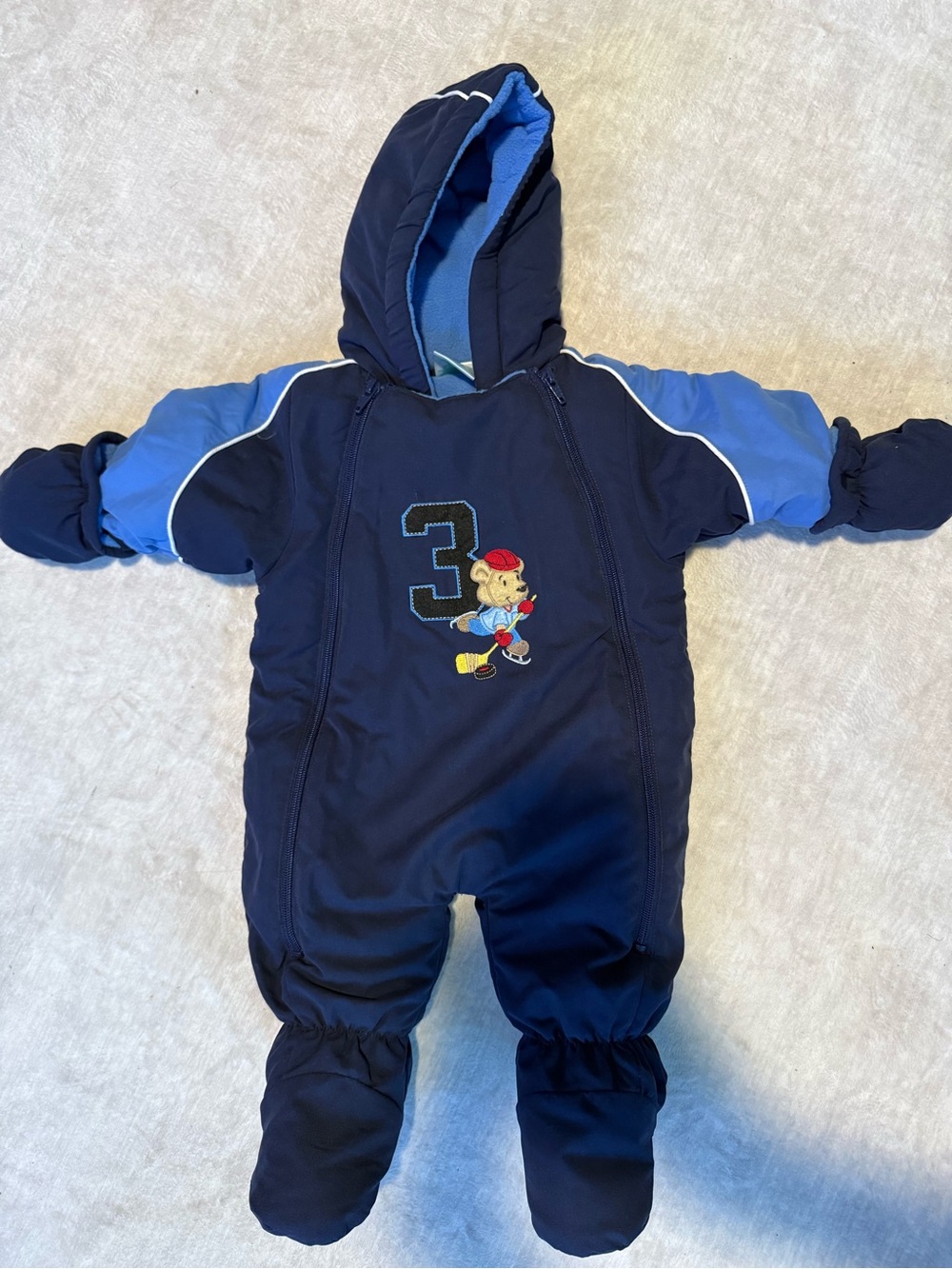 okie dokie Navy and Light Blue Hooded Baby One-Piece Snowsuit Hockey Bear
